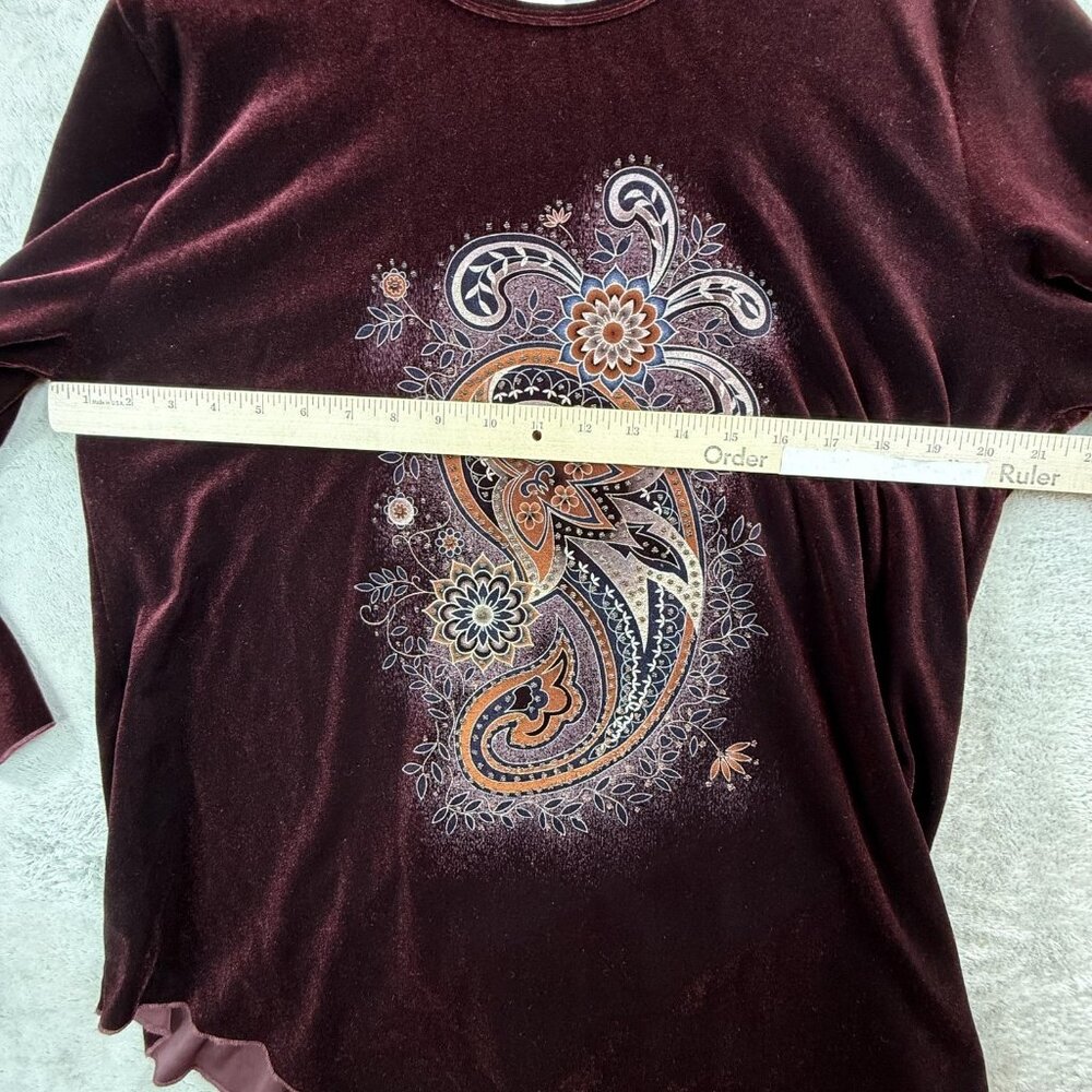 Vintage Casual Land Shirt Women One Size Red Paisley Velour Slit Sleeve Boho Top - Picture 8 of 16